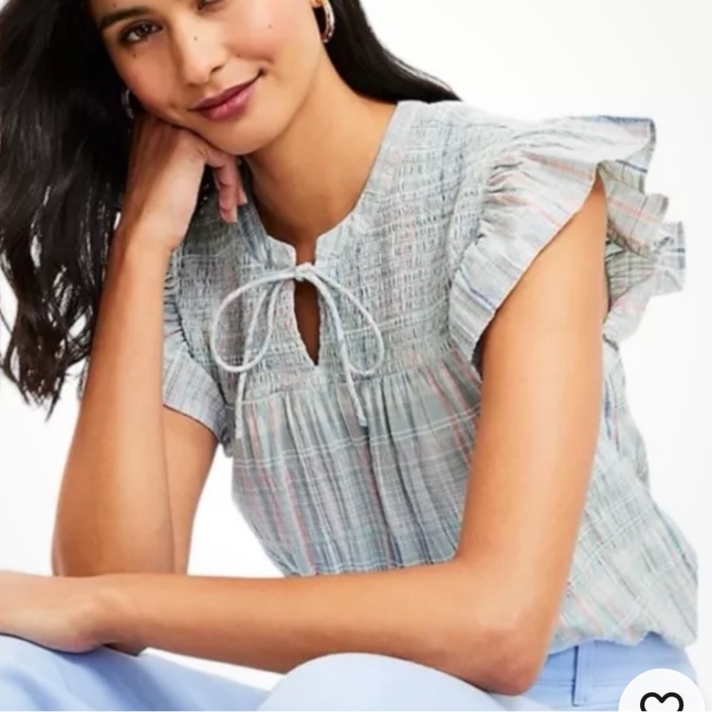 NWT Loft Plaid Multicolored Pastel Ruffle Sleeve Top V Neck w/ Tie Stretchy